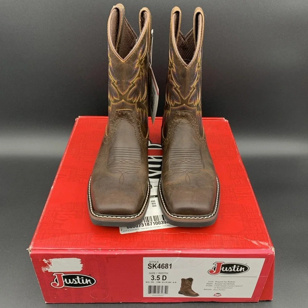 Justin Western‎ Boots Kids Brown Leather Cowboy J-Flex Comfort 3.5 D SK4681